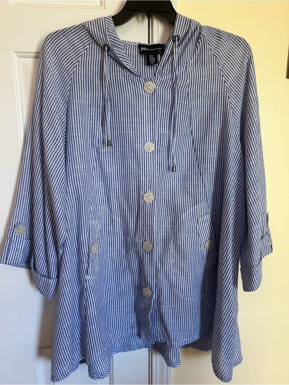 Jones New York Blue & White Striped Hooded Cape Jacket
